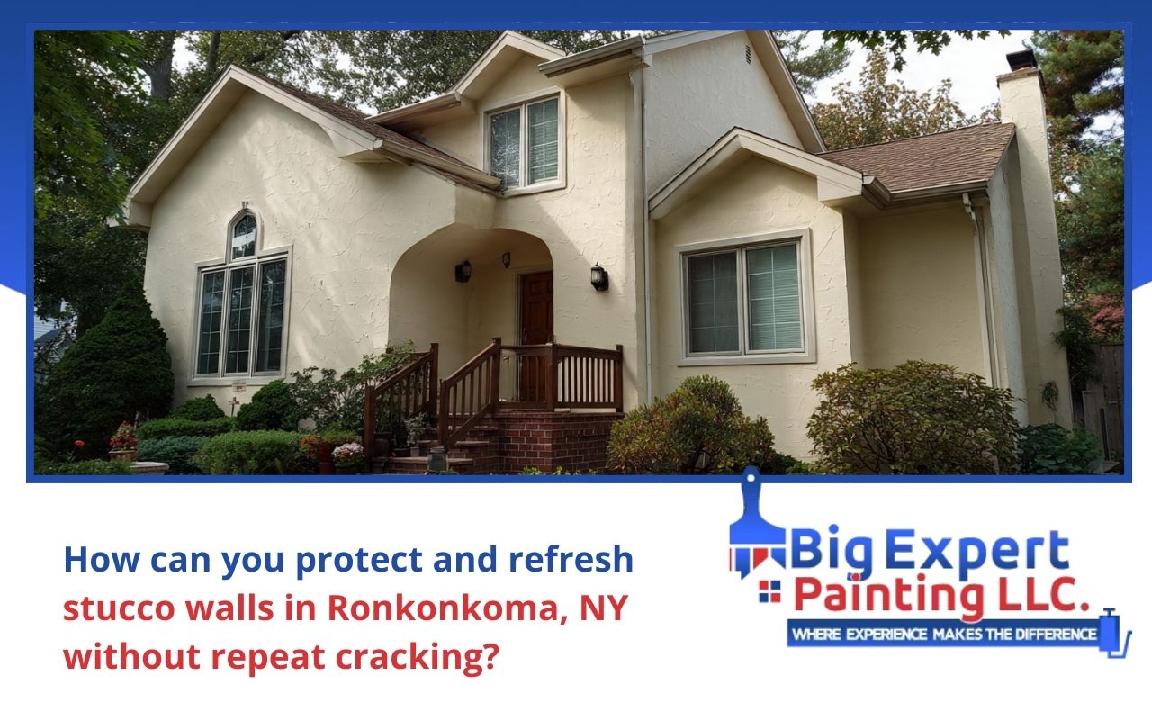 Stucco repair and painting in Ronkonkoma, NY on a refreshed home exterior