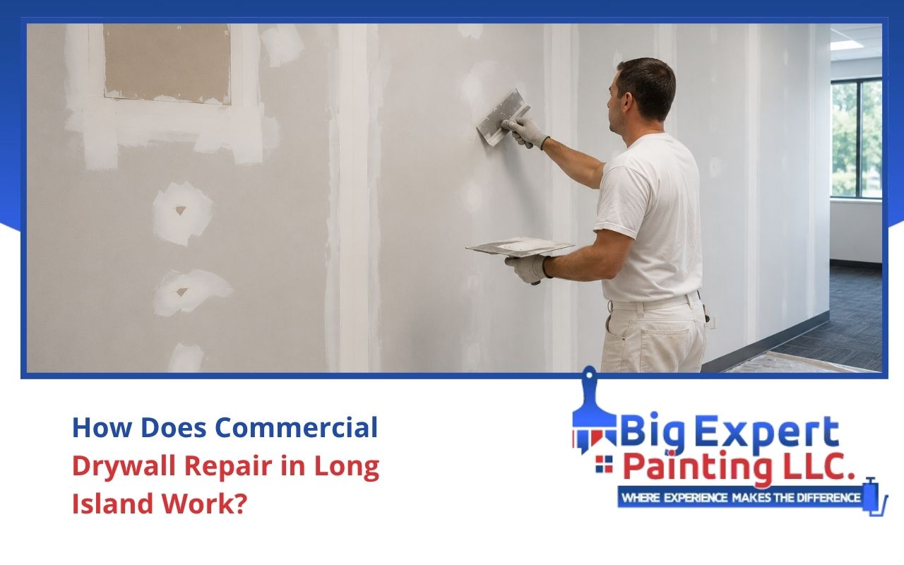 commercial drywall repair in Long Island for a clean office wall before painting