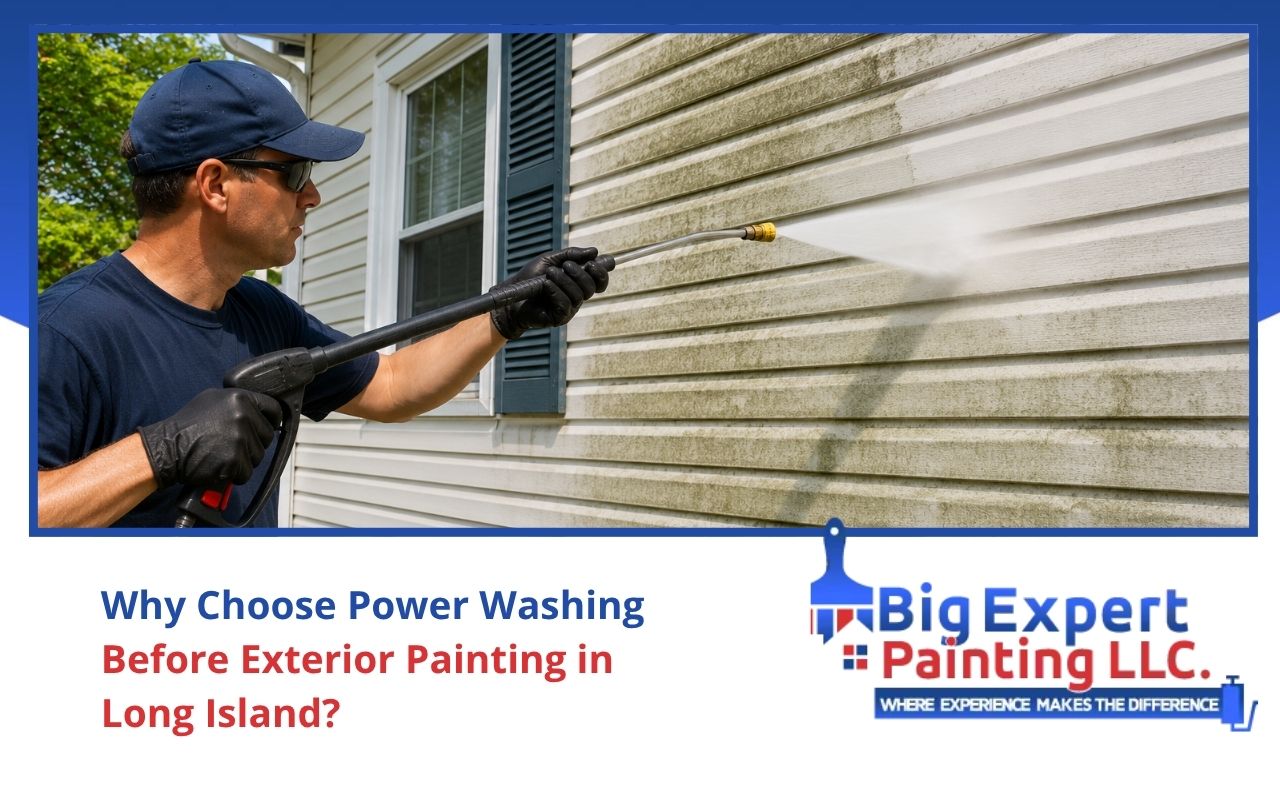 Power washing before exterior painting in Long Island on home siding