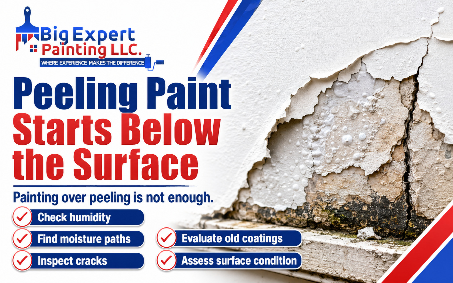 Peeling exterior paint with a checklist for humidity, moisture paths, cracks, old coatings, and surface condition. 