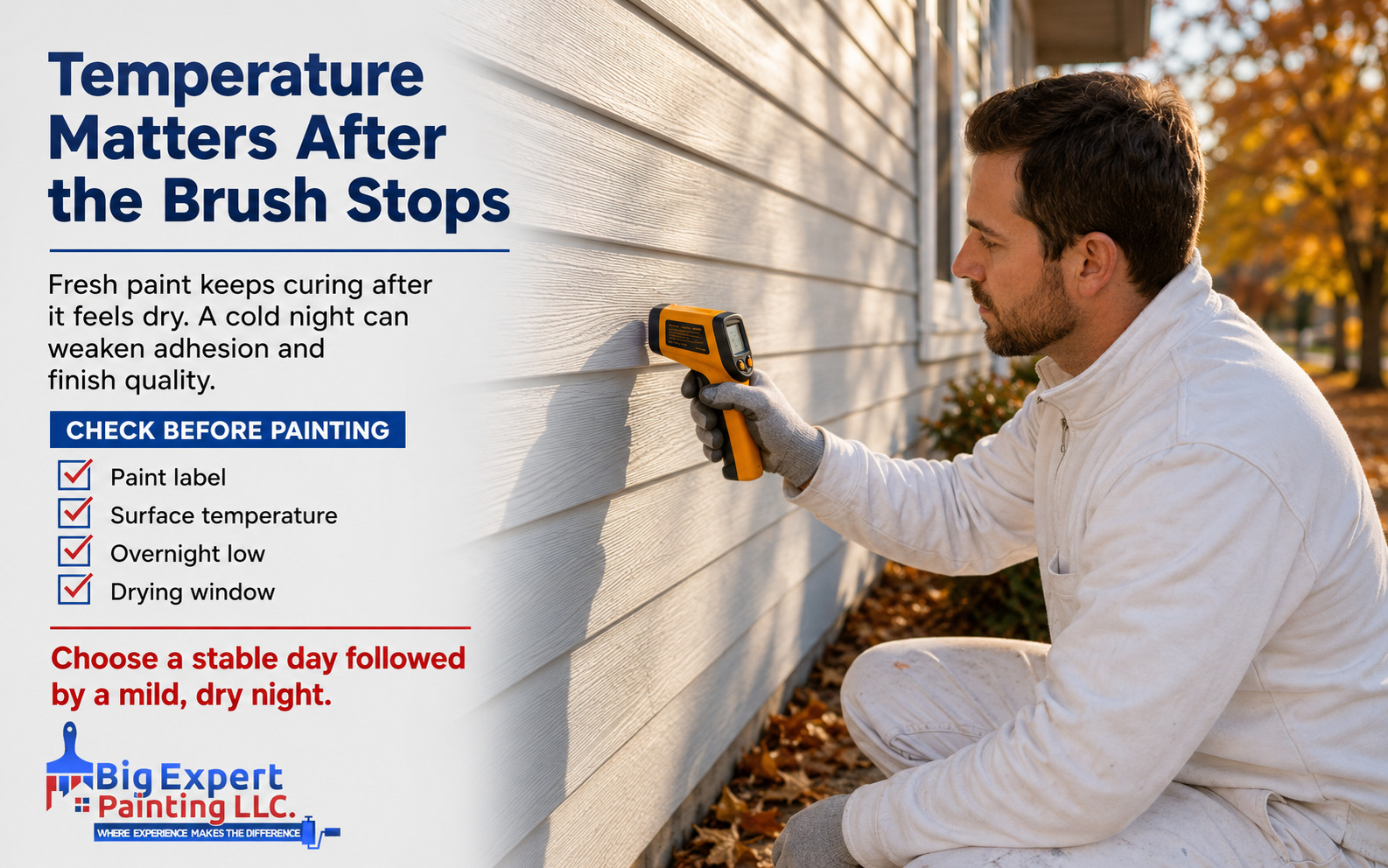 Painter checking siding temperature before exterior painting during cool fall weather.