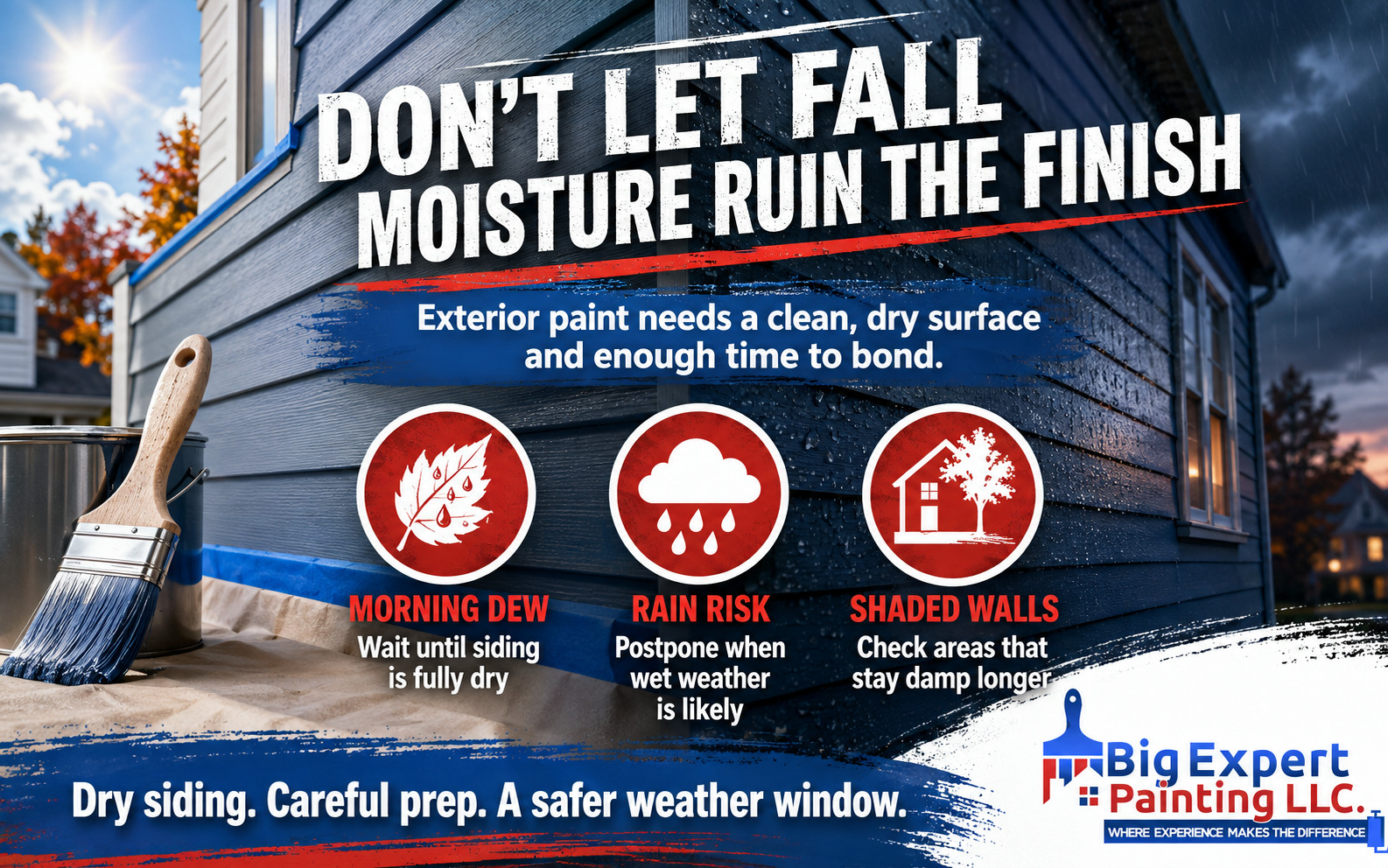 Infographic explaining how morning dew, rain, and shaded walls affect exterior paint.