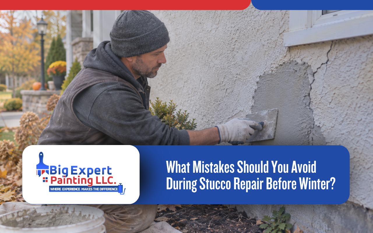 Stucco repair before winter on a Long Island home exterior