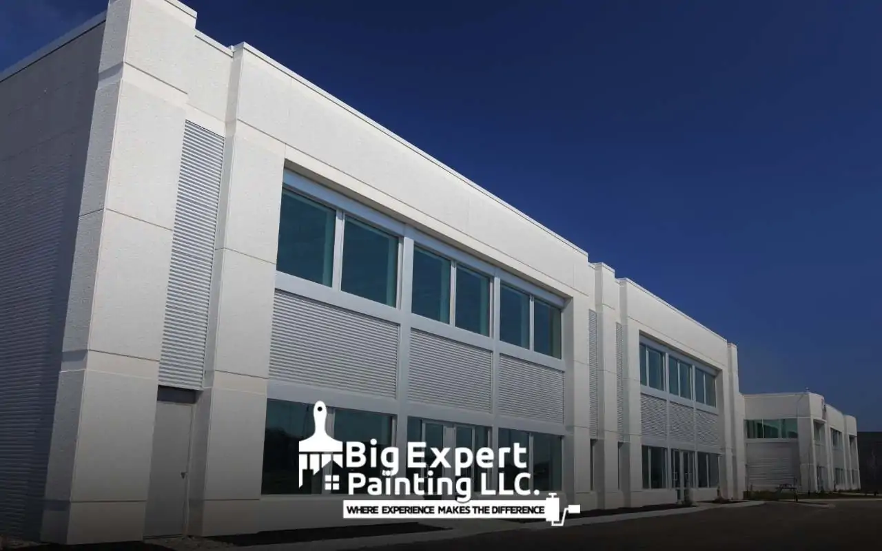 Completed commercial painting services on a large office building with clean white façade and company branding