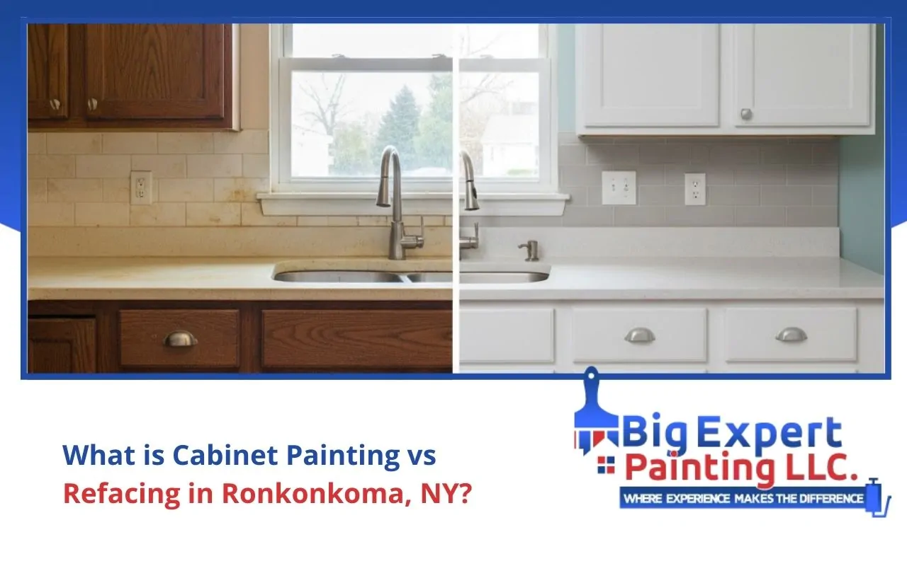 Before and after view of Cabinet Painting vs Refacing in Ronkonkoma, NY kitchen cabinets