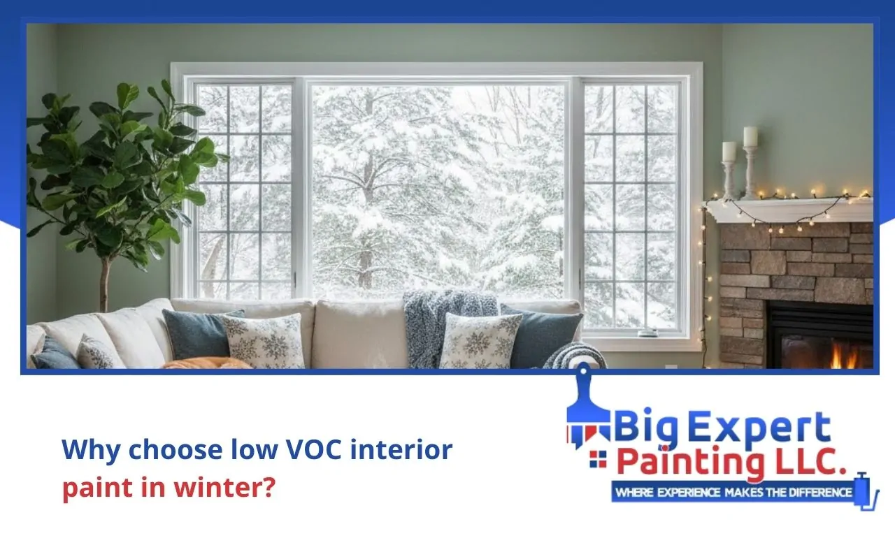 Cozy living room painted with Low VOC Interior Paint in Winter in Ronkonkoma, NY, showing warm neutral walls and soft lighting.