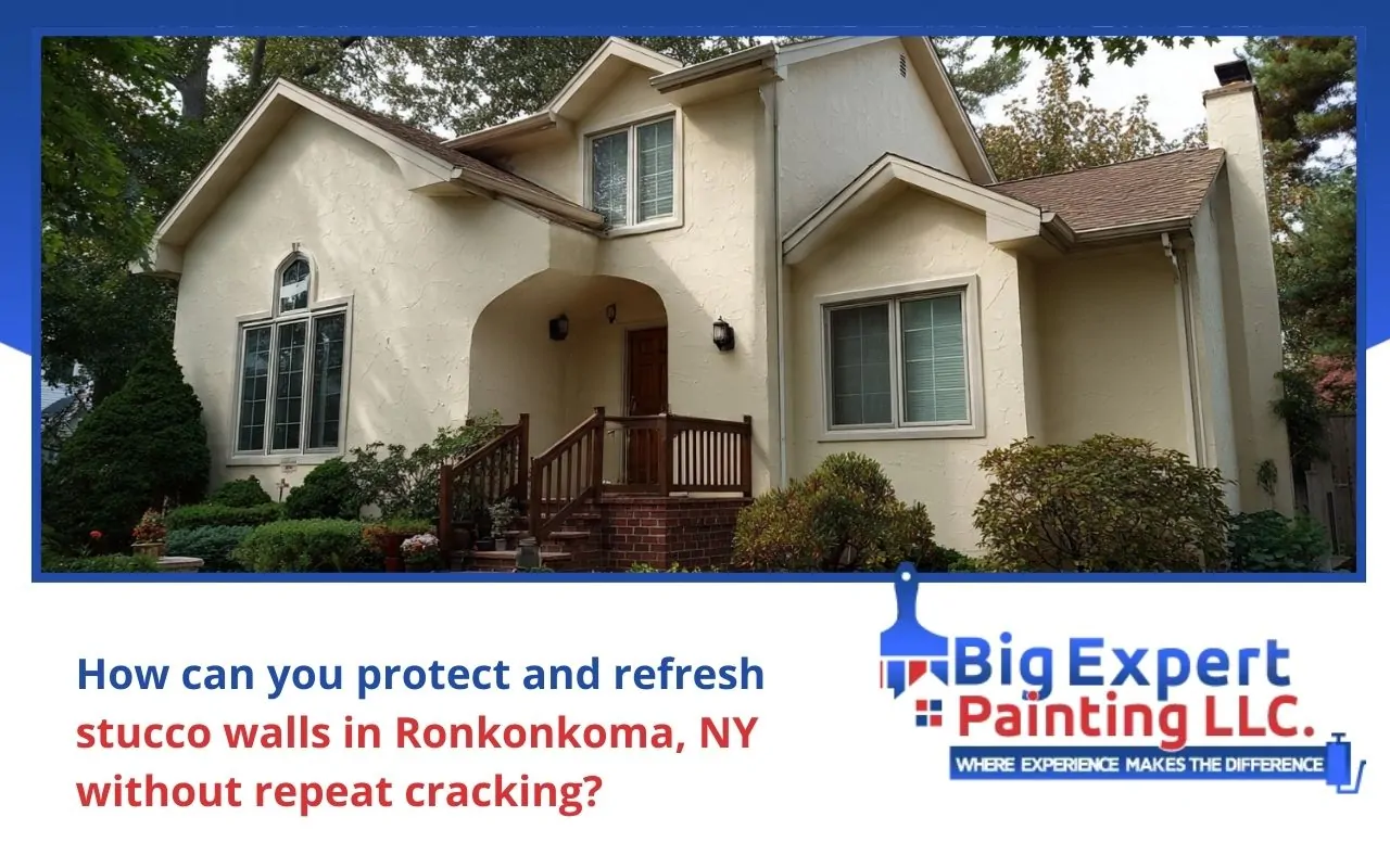 Stucco repair and painting in Ronkonkoma, NY on a refreshed home exterior