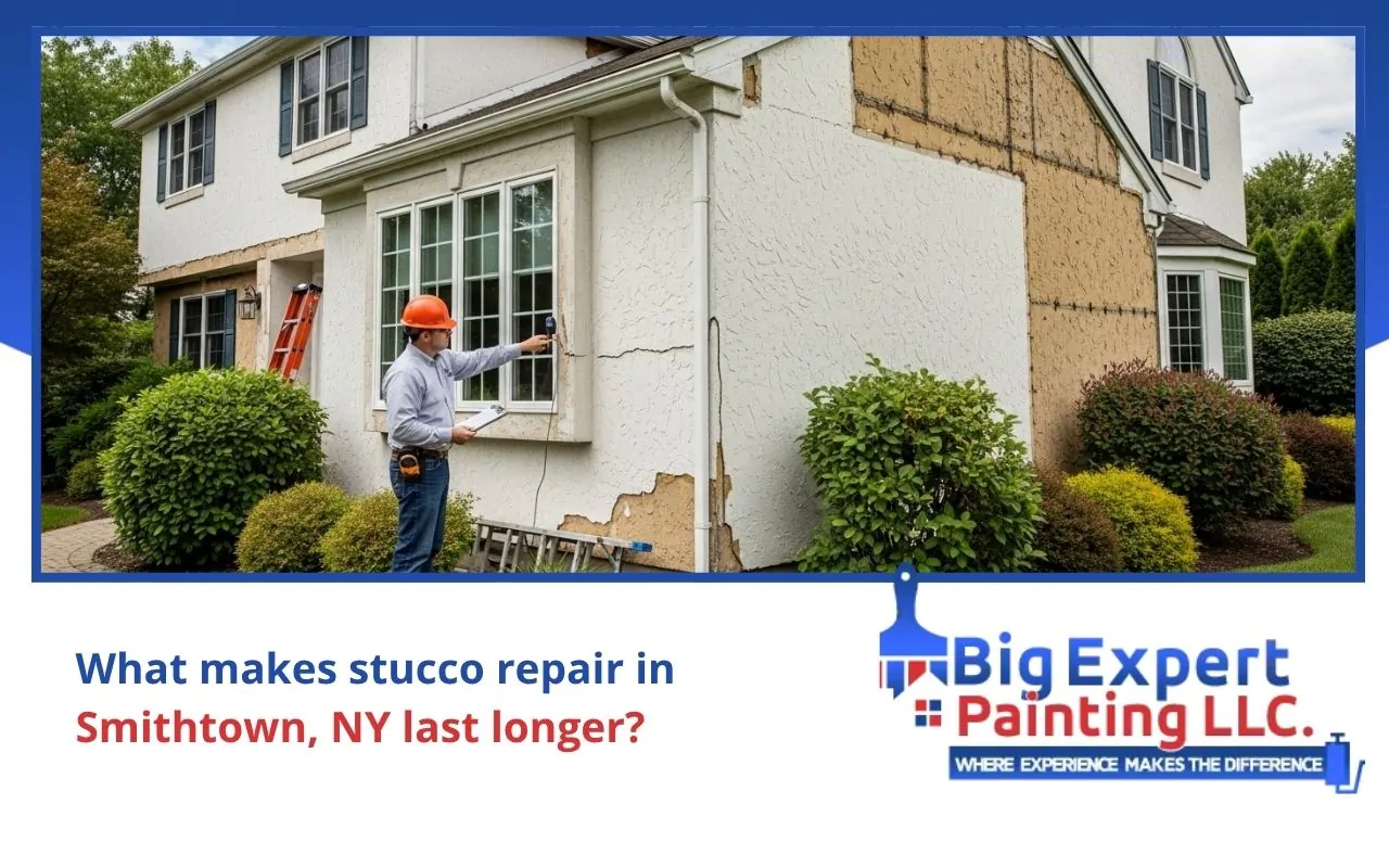 Home exterior inspection before stucco repair in Smithtown, NY