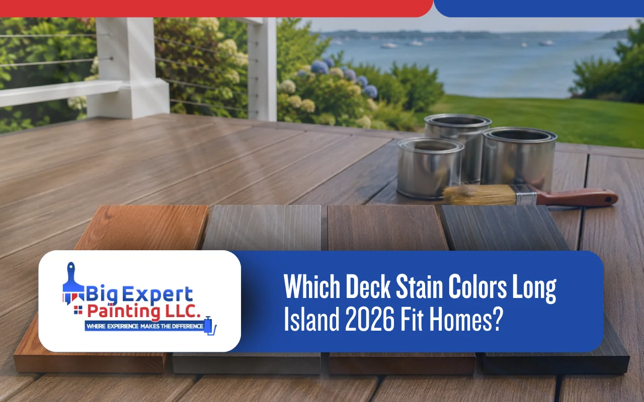Deck stain colors Long Island 2026 comparison with cedar, gray, brown, and charcoal samples